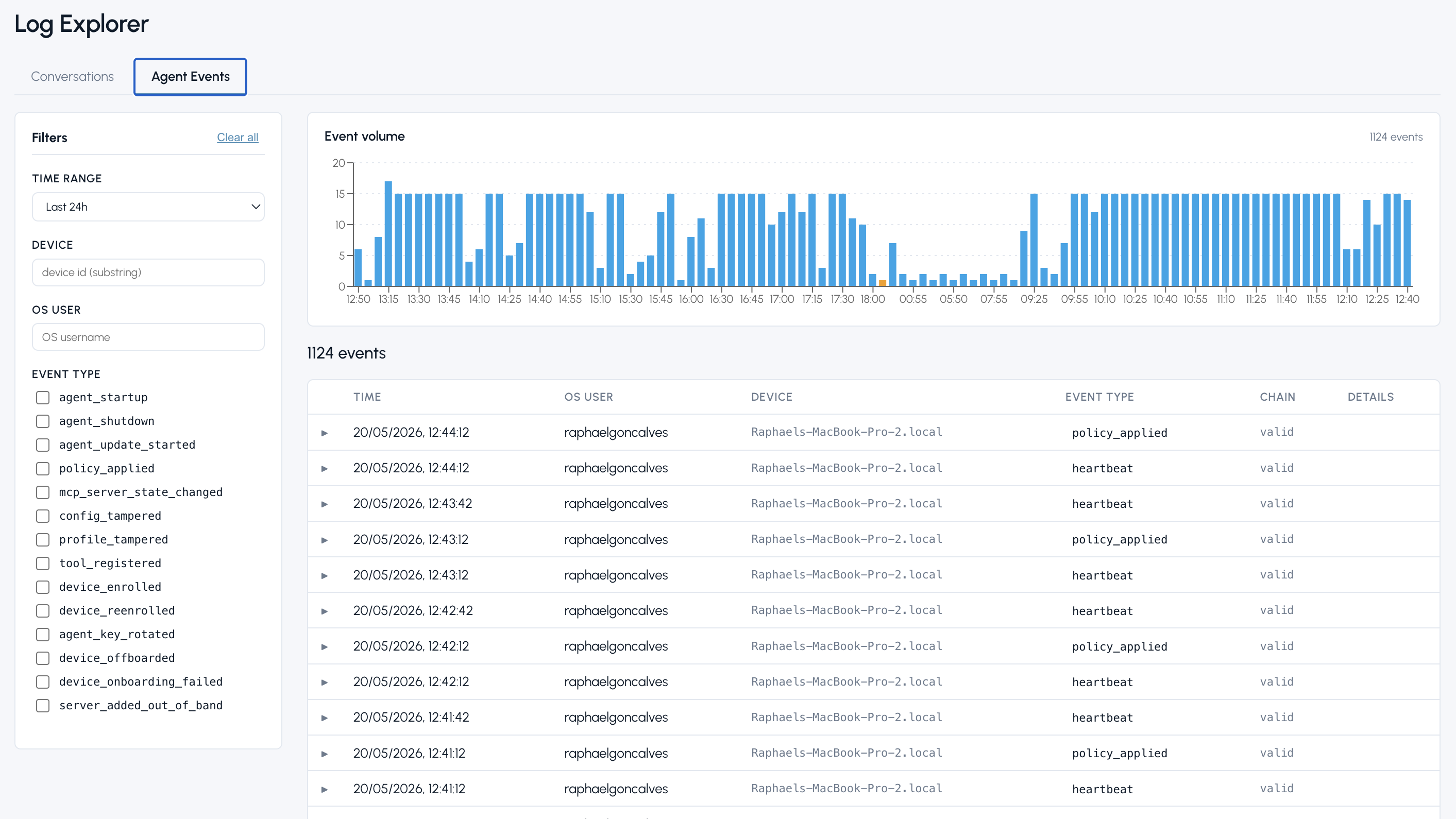 Log explorer — agent events with event volume bar chart and validation chain marked valid