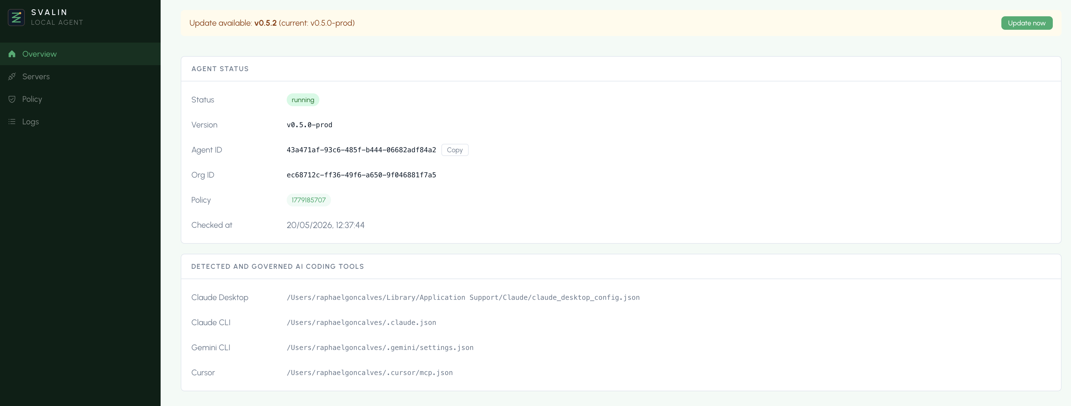 Local agent overview — running, v0.5.0-prod, detected Claude Desktop, Claude CLI, Gemini CLI and Cursor
