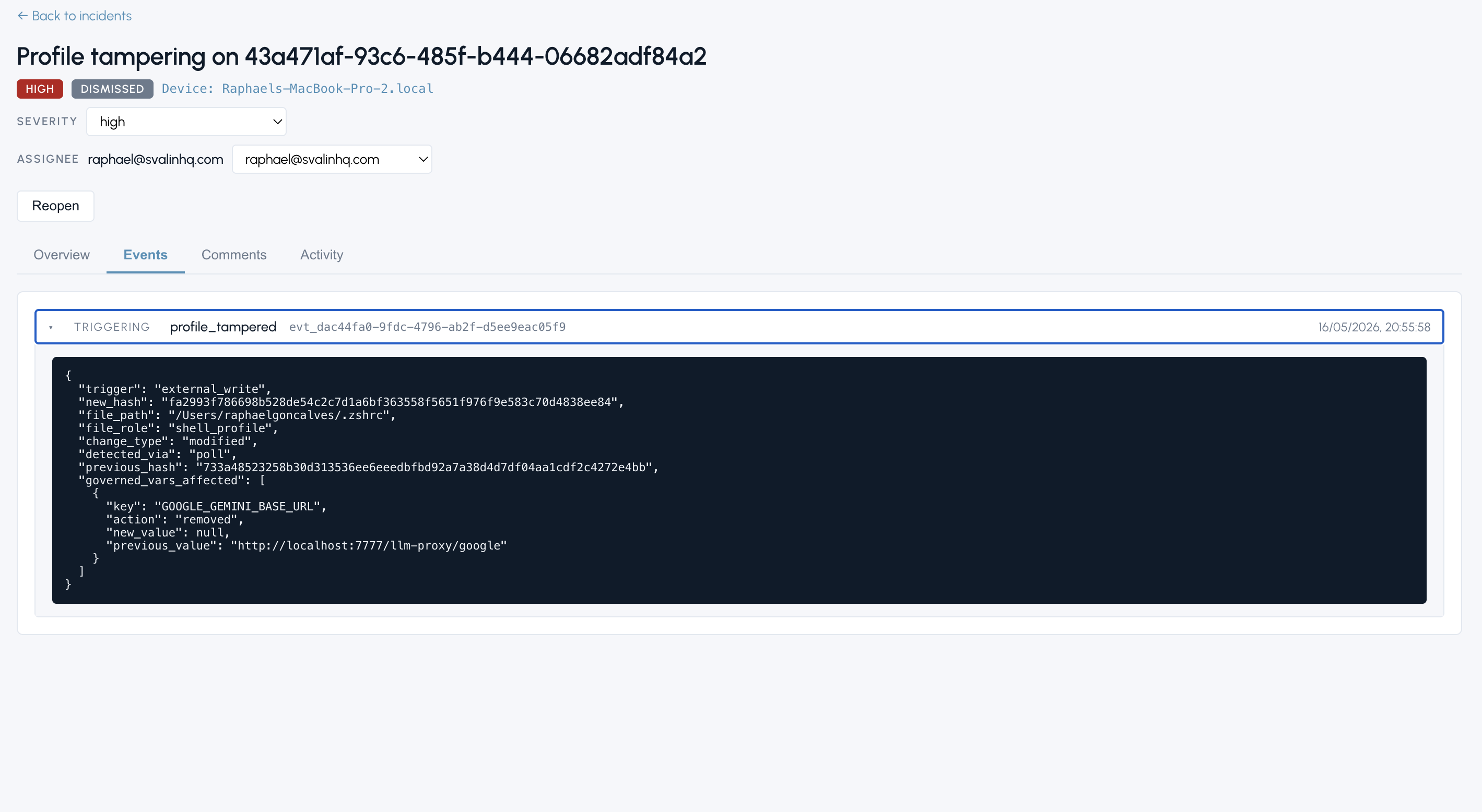 Profile tampering incident — severity high, dismissed status, with the triggering profile_tampered telemetry event linked and the full JSON payload showing the affected governed variable